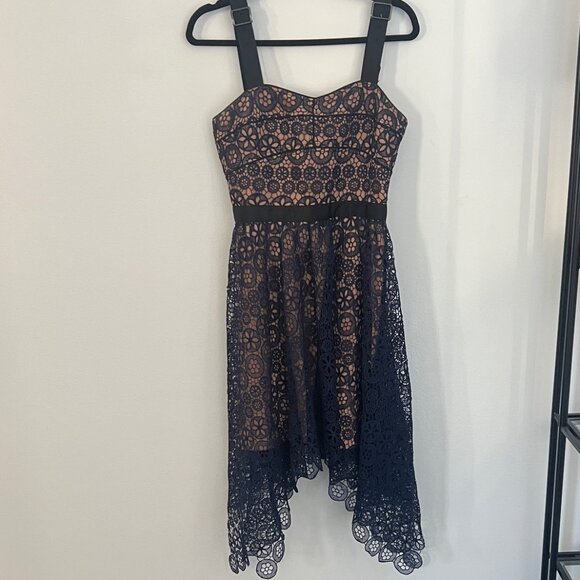 Self-Portrait Circle Blue Navy Lace Asymmetric Hem Midi Dress - Picture 1 of 1